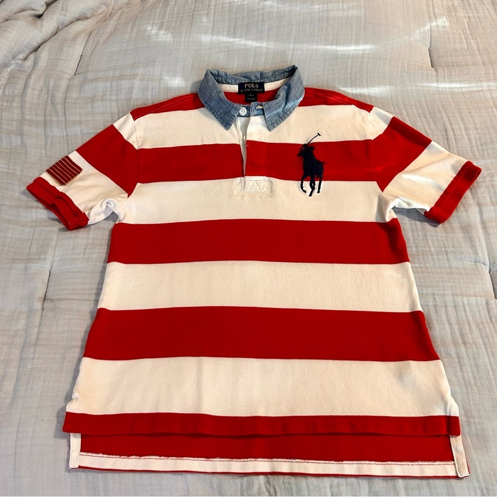 Ralph Lauren Boys Red and White Polo with Chambray Collar Sz L 14/16